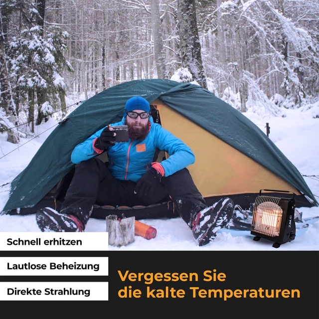2in1 Tragbare Gasheizung Camping Butan Gas Kocher Keramik+16 Gaskartuschen 1,7KW 3
