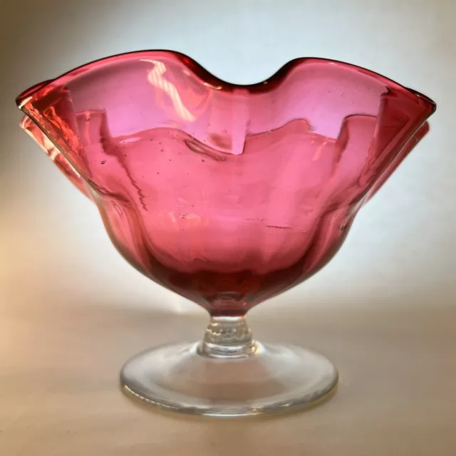 Antique Victorian Cranberry Glass Bonbon Dish Pedestal Bowl Ruffle Frill Rim