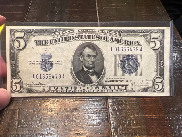 1934 D 5 Dollar Bill Silver Certificate Blue Seal