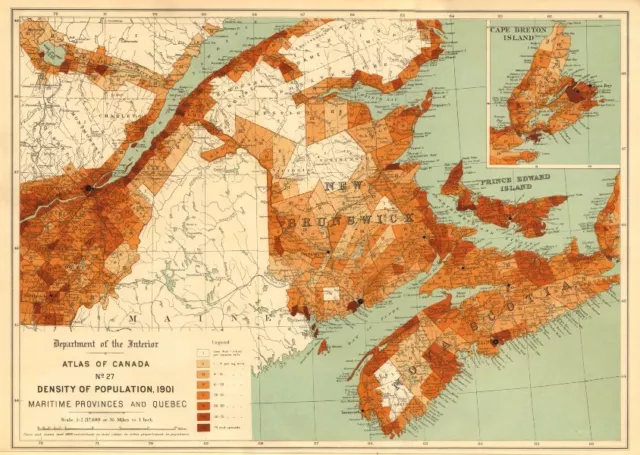 CANADA POPULATION DENSITY 1901. Maritime Provinces and Quebec. WHITE 1906 map