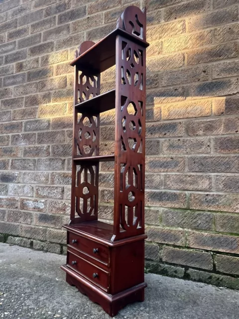 Pretty Arts & Crafts Solid Bookcase Floral Carved Sides Two Drawer Bottom.