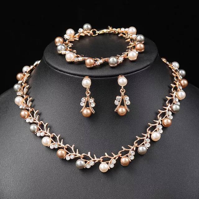 Crystal Gold Necklace Earring Tiara Set Bridal Wedding Bridesmaid Pearl