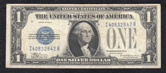 Fr. 1604 1928-D $1 One Dollar “Funnyback” Silver Certificate “I-B Block” Vf