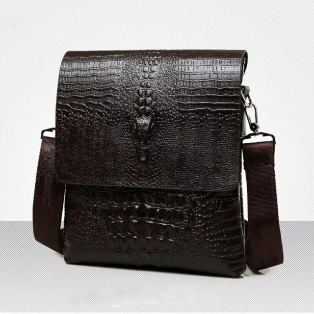 Men's Sling Shoulder Bag Leather Black Crocodile Crossbody Bag 10" Messenger Bag