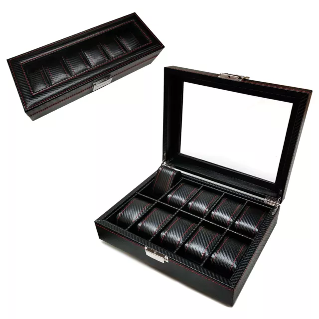 6 10 Slots Black Carbon Fiber Wood Glass Watch Display Storage Box Case Gift