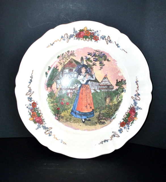 Grand plat rond OBERNAI faïence Sarreguemines "Alsacienne Lilas Alsace" 34.5cm
