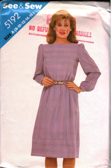 5192 Vintage Butterick Sewing Pattern Misses 1980s Loose Fitting Dress See & Sew