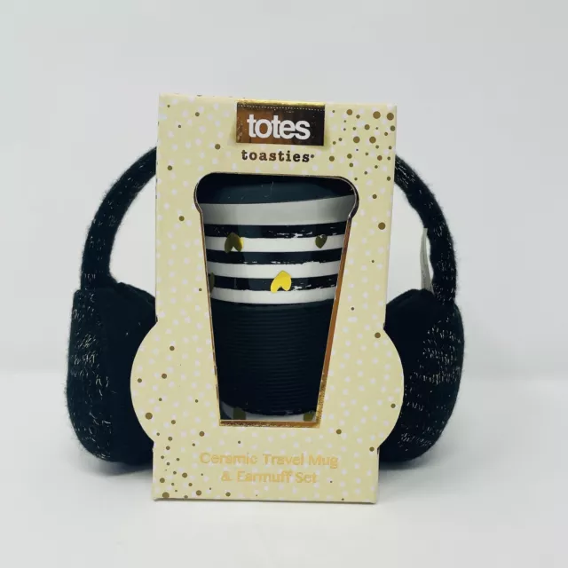 Totes Toasties Ceramic Travel Mug and Hearts Striped Ear Muff Holiday Gift Set