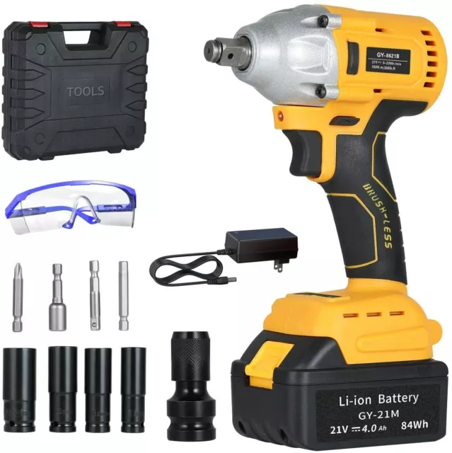 21V Max Power 4AH Li-ion Impact Wrench Cordless Brushless 1/2" 10PC Tool Kit OB