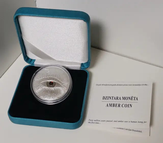 2010 Latvia 1 Lats Silver - Amber Coin - Incl. Capsule, COA - Only 7000 Minted!