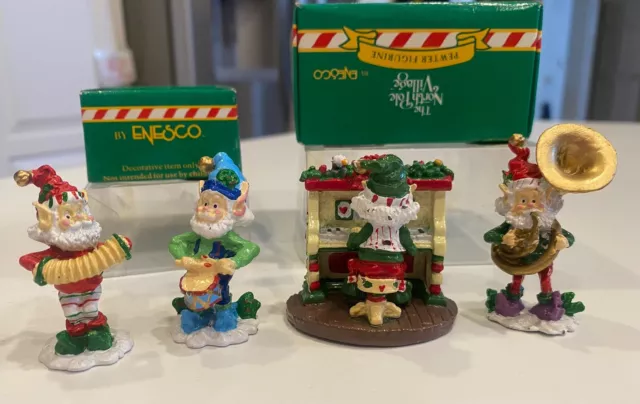 Enesco North Pole Village signed by Sandi Zimnicki-4 Pewter Elf Figures-musician