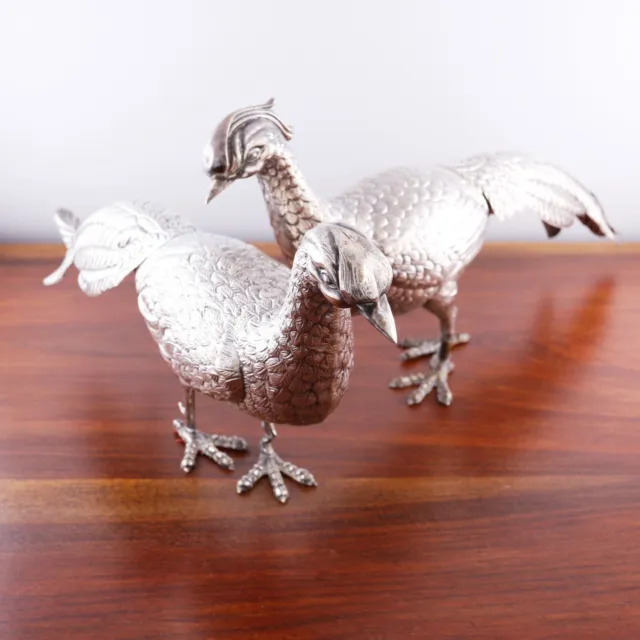 2 Lovely Spanish .915 Silver Table Statuary Male & Female Pheasants No Monogram