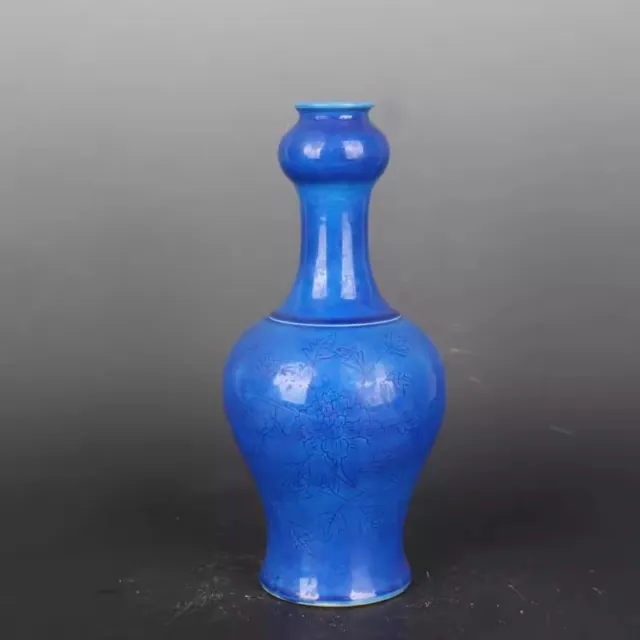 Chinese Ming Hongzhi Blue Glaze Porcelain Carved Flowers Design Vase 10.5 inch