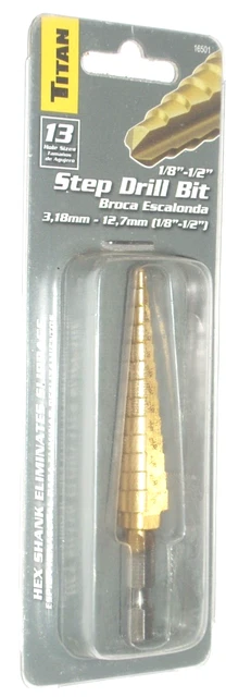 Titan 16501 Step Drill Bit for 1/8 - 1/2" w Hex Shank 13 Sizes Titanium Coated