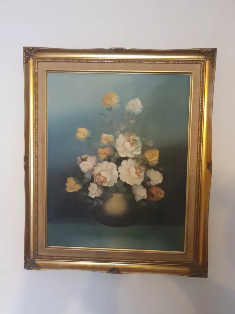 Antique vintage painting on canvas flowers in a vase still life in an ornate...