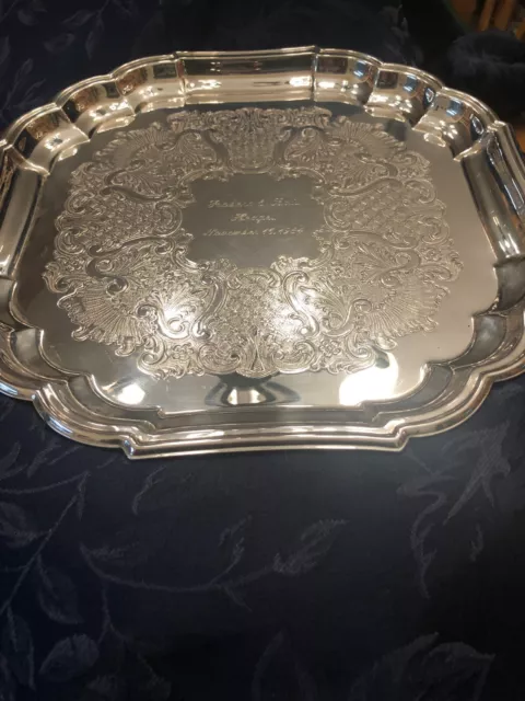 Vintage silver-plated Gorham (YH28) tray with engraving, 13" X 13", ornate 