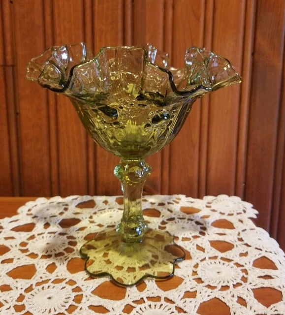VINTAGE FENTON COLONIAL Green Cabbage Rose Ruffled Pedestal Compote