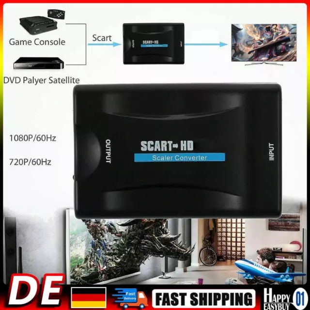1080P SCART to HDMI Audio Video Converter + USB A to DC Cable for HD TV STB DVD