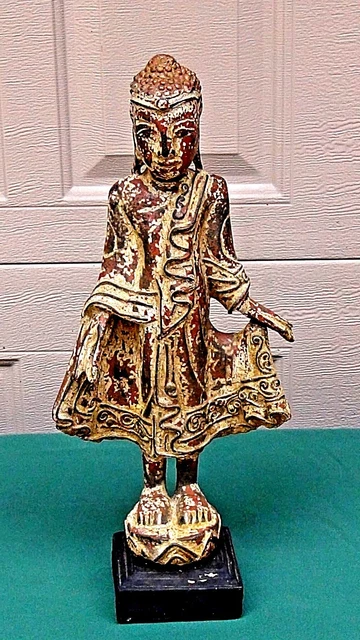 ANTIQUE 18c BURMESE POLICHROME WOOD CARVED STANDING  BUDDHA STATUE 17"H