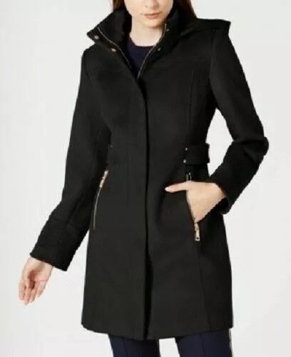 Vince Camuto Black Hooded A-Line Walker Wool Coat B10618 Size M