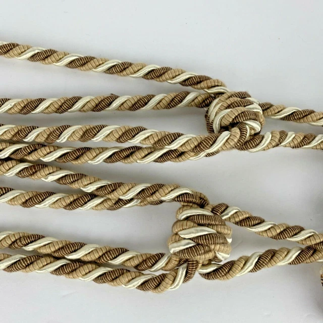 Set 2 Large Drapery Curtain Braided Tie Backs with Tassels Brown Taupe Pompoms 3