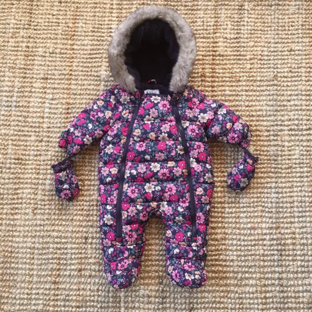 FRED & FLO 0-3 M Months Snowsuit Navy Pink Floral Baby Girl Sherpa Fleece Lining