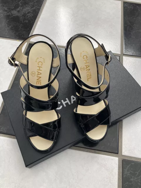 NIB 100% AUTH Chanel 15P Black Patent Leather Pearl Wedge Sandals $1550  $980.00 - PicClick