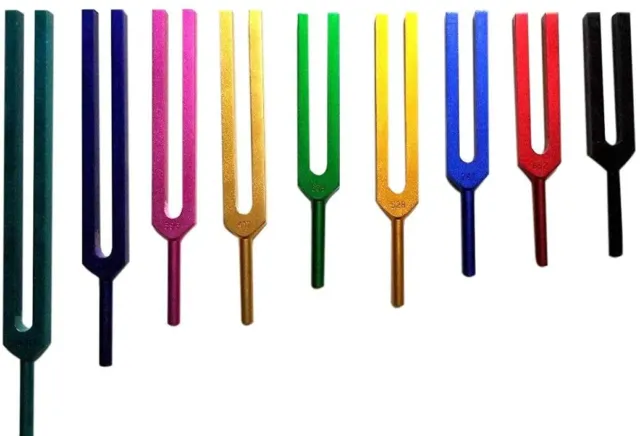 Solfeggio 9 Colored Tuning Forks Long Stem incl DNA & 528Hz w Activator & Pouch