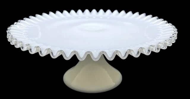 Vintage Fenton Silver Crest Cake Stand White MILK Glass Clear Ruffle Edge 13"