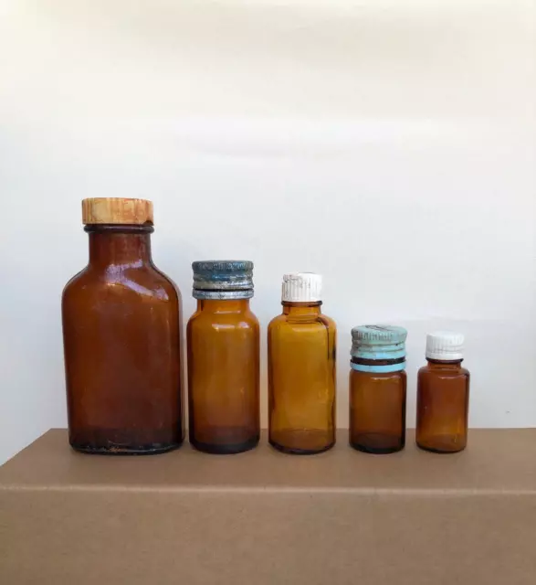 Rare Vintage Old Apothecary Medicine Bottles (5pcs) - Amber/Brown
