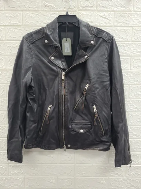 New All Saints Tobio Full Zip Leather Jacket Black Size Large