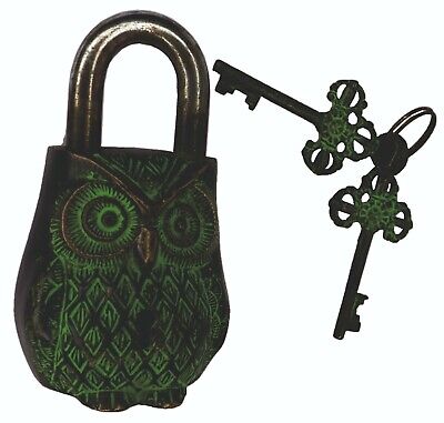 Owl Shape Security Door Lock Antique Style Handmade Brass Padlock & Unique Keys 3