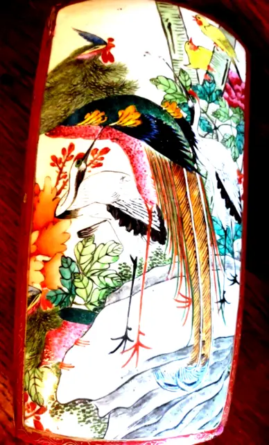 Porcelain Shard Lid Lacquered Wooden Interior Trinket Box Oriental Japanese Bird