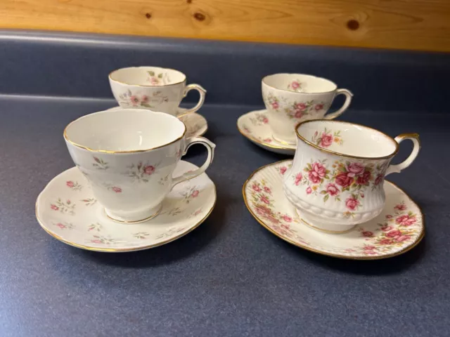 Four Assorted Fine Bone China Rose Pattern Tea Cups and Saucers