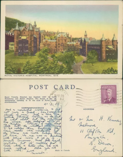 Quebec Montreal Royal Victoria Hospital 1952 Cancel