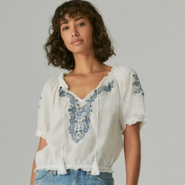 Lucky Brand Embroidered Short Sleeve Peasant Blouse Top Sz Small NWT White Women