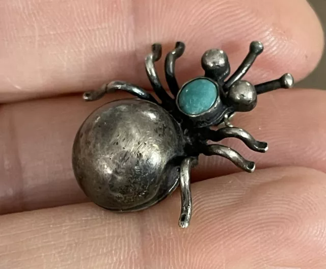 Vintage Navajo Sterling Silver Turquoise Spider Pin Bug Brooch Handmade