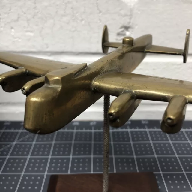 WW11 Solid Brass ￼Lancaster Bomber Plane On Stand Home Office Desk Art 2