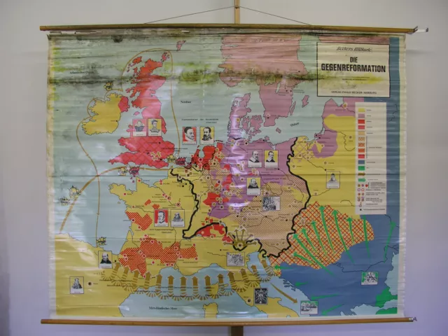 Schulwandkarte Gegenreformation Europa nach Luther 30jähiger Krieg  206x166~1960