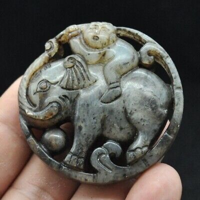 Chinese old natural jade hand-carved statue Pendants~Elephant, boy
