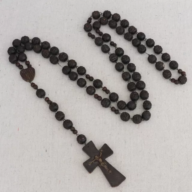 Large Antique Hand Carved French 6 Decade Wood Wall Rosary Brass Crucifix 40½"