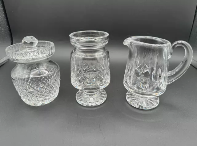3 WATERFORD CRYSTAL Pieces: Alana Preserve Jar, Lismore Creamer &Open Sugar Bowl 2