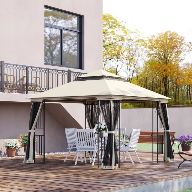 Outsunny Gartenpavillon mit Doppeldach 3x3 Pavillon Gartenzelt Festzelt Beige