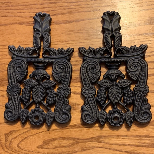 2 Vintage Floral & Grape Cast Iron Trivet 1960 T-4 Hot Plate Decor Grapevine EUC