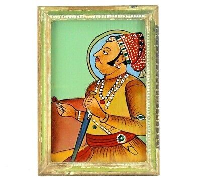 Reverse Glass Painting Vintage Miniature Rajasthan Art Raja Ajit Singh Portrait