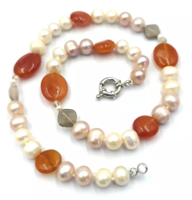 Pink and White Pearl Knotted Carnelian Smokey Quartz Necklace 925