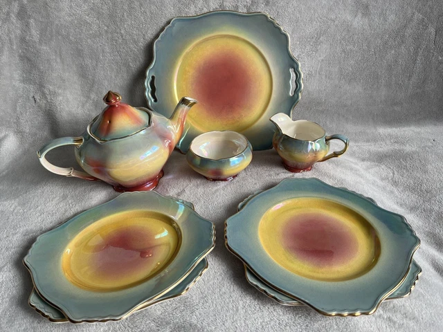 Vintage 1940s Royal Winton Lustre Rainbow 8pcs Breakfast Set Complete #419