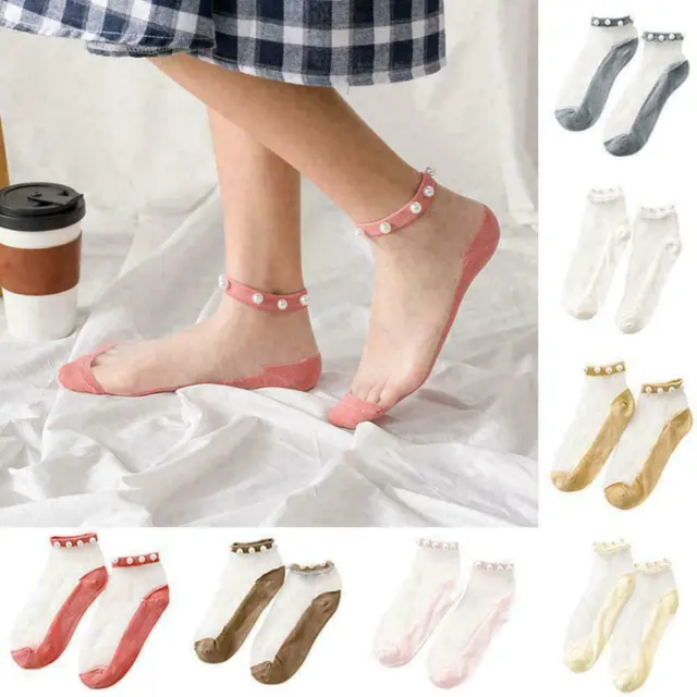 Wholesale 7 Pairs Summer Women Socks Transparent Lace Pearl Cotton Ankle Socks