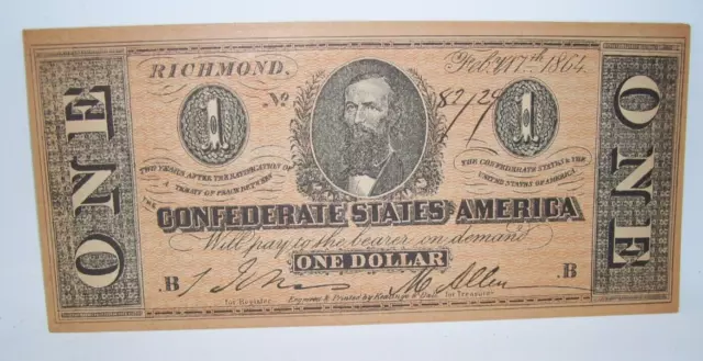 Confederate States of America One Dollar Note 1864 Vintage Reproduction