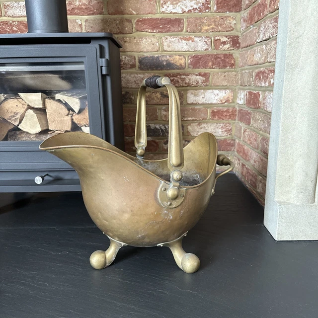 Antique Victorian Brass Coal Scuttle Helmet Style On Legs Heavy Wooden Handle
